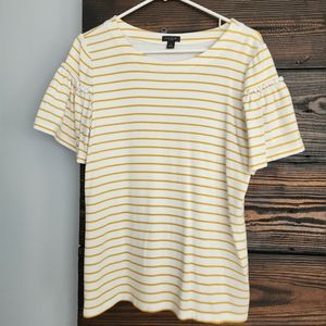 Ann Taylor Factory mustard yellow striped ruffle bell sleeve top size M